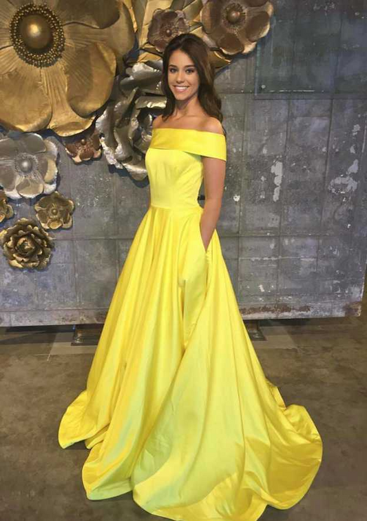 Yellow Satin Off-Shoulder Sleeveless Brush Train Prom Dress