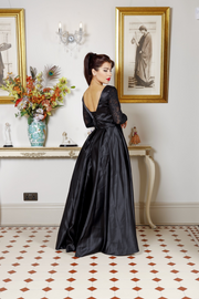 Black Satin V-Neck Lace Embroidered Long Sleeve Prom Dress