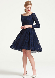 Navy Lace Off-Shoulder Long Sleeves Short Bridesmaid Dress