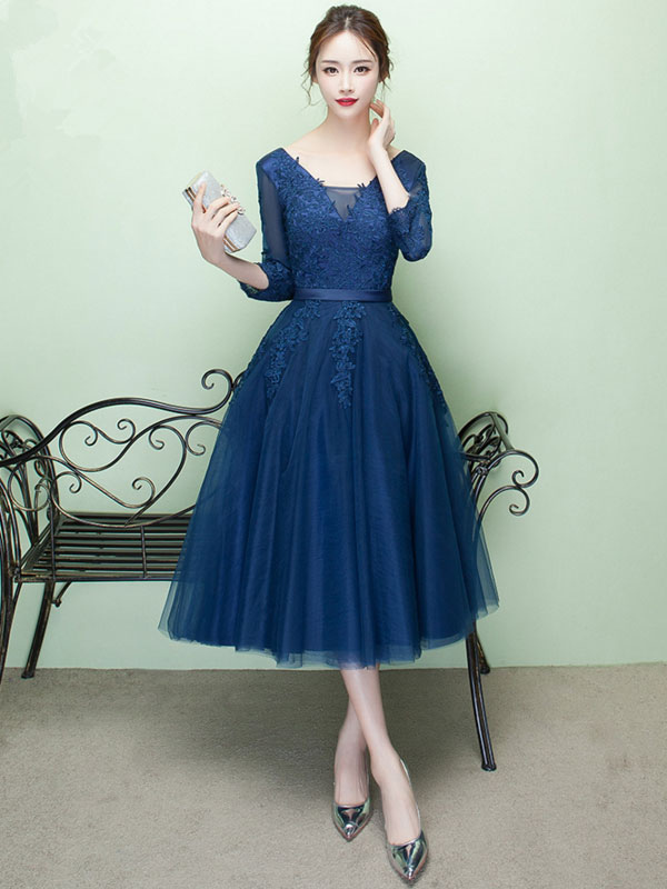 Navy Lace Applique V Neck Long Sleeves Prom Dress