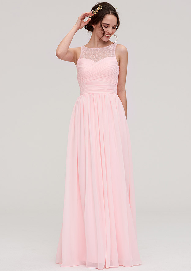 Papaya Whip Jewel Neck Sleeveless Maxi Bridesmaid Dress