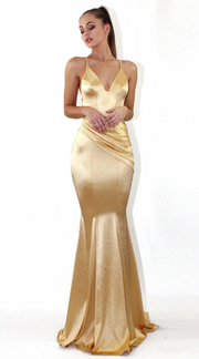 Deep V-Neck Backless Ruched Suspender Evening Dress