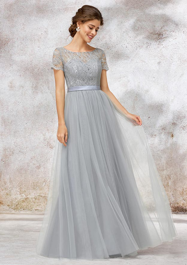 Silver Lace Short Sleeves Maxi Bridesmaid Dress