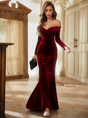 Velvet Off-Shoulder Full Sleeves Long Evening Dress