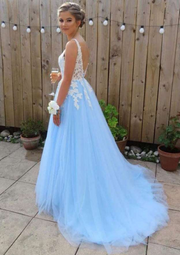 Pale Turquoise Appliqued Sleeveless Backless Prom Dress