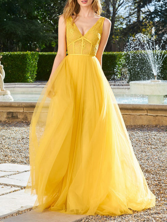 Yellow Lace Deep V Neck Sleeveless Backless Prom Dress