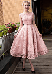 Prettyunik Elegant A-Line Pink Lace Sleeveless Short Prom Dress