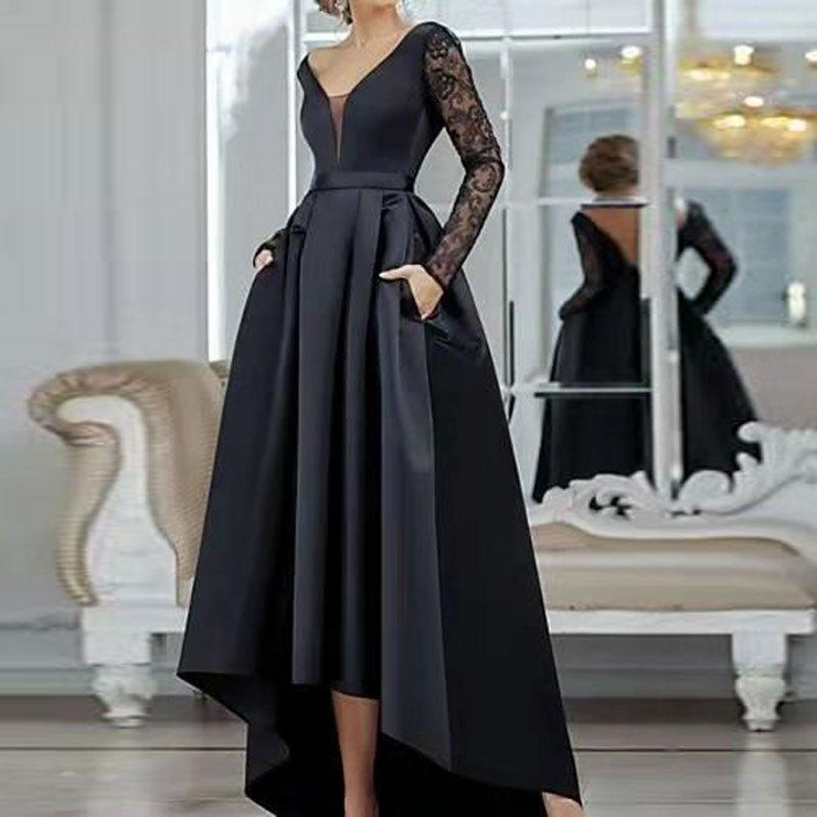 Satin Black Long Sleeves Evening Dress