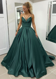 Green Satin Spaghetti Strap Sleeveless Brush Train Prom Dress