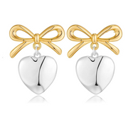 White & Gold Metal Ribbon Heart Earring