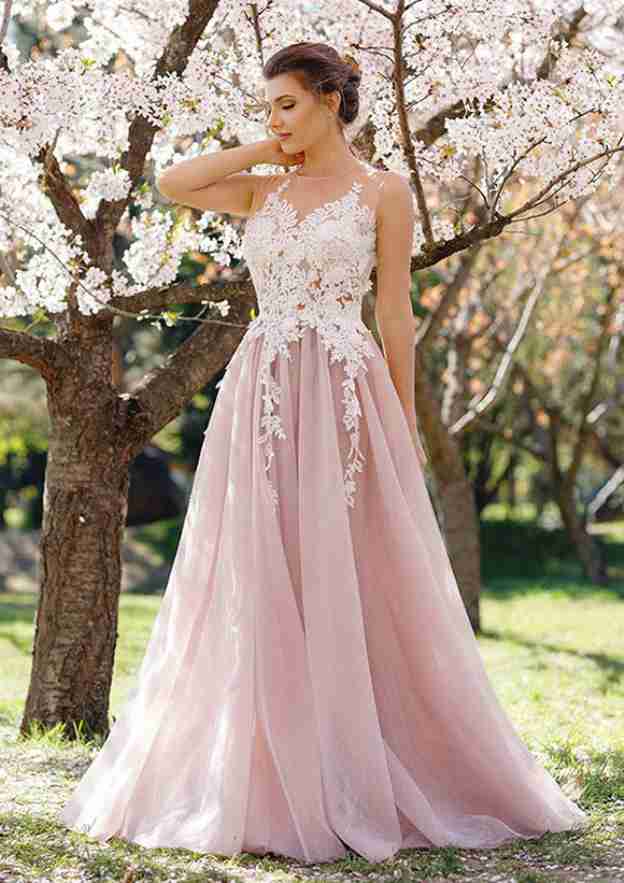 Peach Puff Appliqued Sleeveless Long Prom Dress