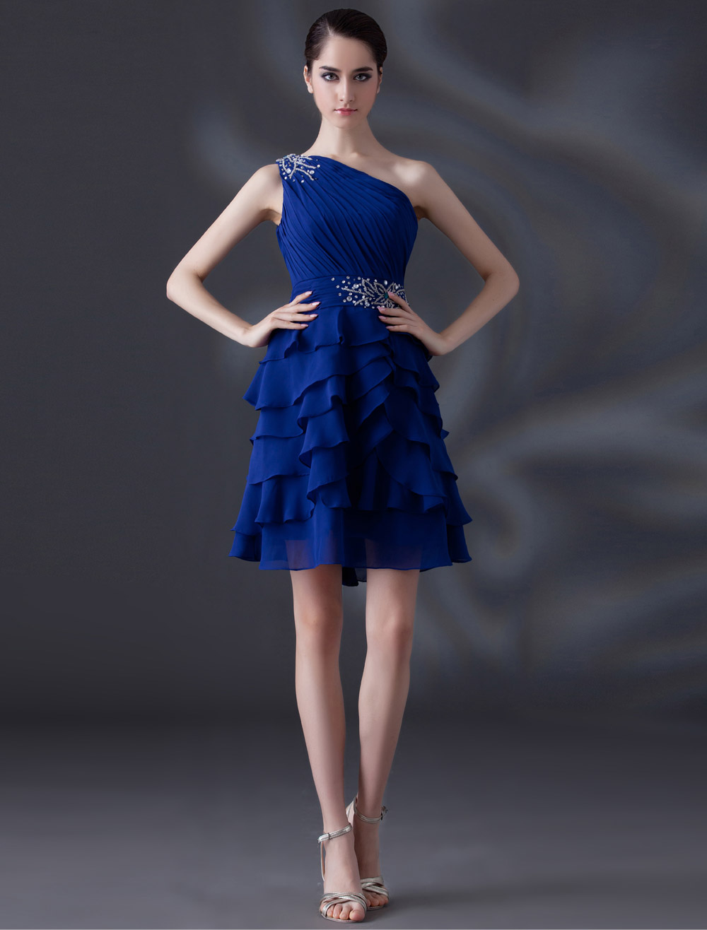 Navy Beaded Oblique Shoulder Sleeveless Ruffle Prom Dress