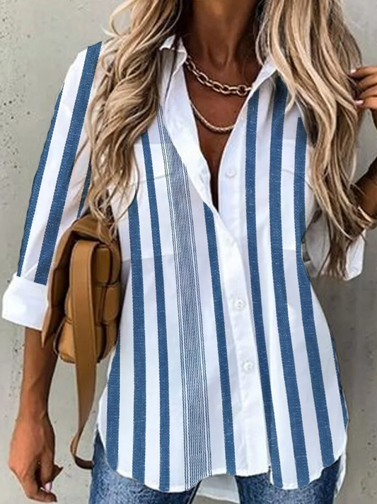 White Casual Striped Long Sleeves Loose Shirt