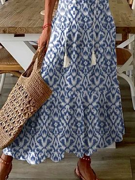 Blue Printed Half Sleeves Maxi Dress