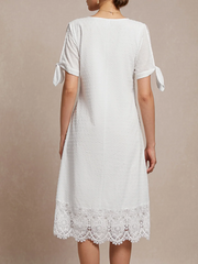 White Plain Short Sleeves Buttoned Casual Dress