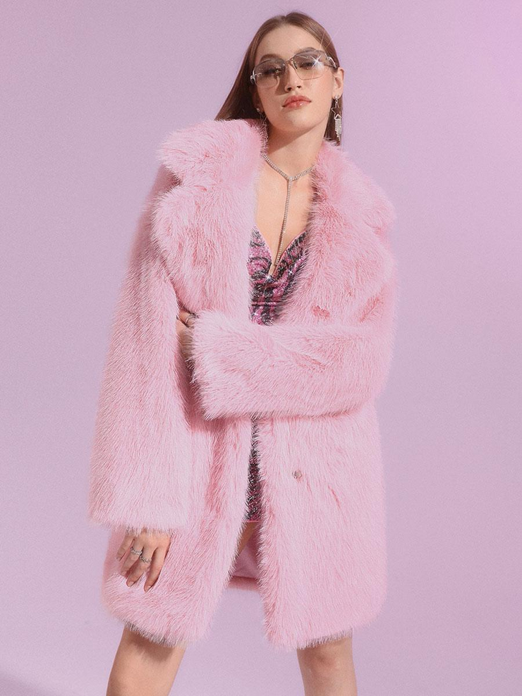 Pink Faux Fur Long Sleeves Oversized Coats