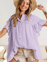 Women Oversized Jewel Pleated Neck Chic Short Sleeves Top