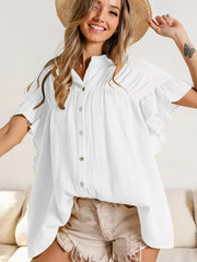 Women Oversized Jewel Pleated Neck Chic Short Sleeves Top