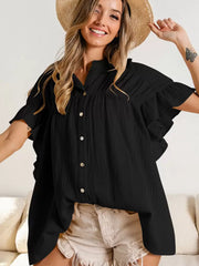 Women Oversized Jewel Pleated Neck Chic Short Sleeves Top