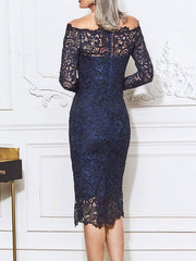 Navy Lace Bateau Neck Long Sleeves Knee-Length Wedding Guest Dress