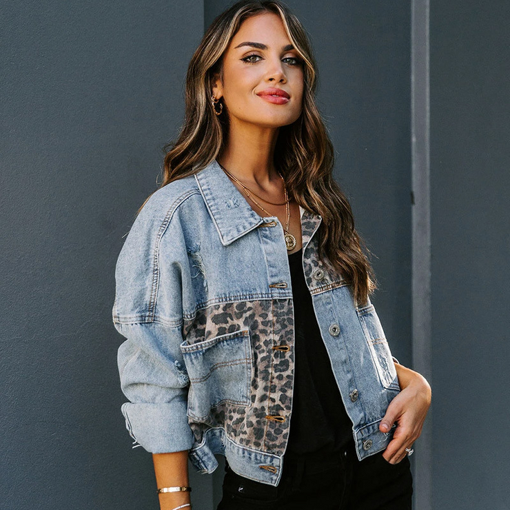 Long Sleeve Leopard Print Denim Jacket