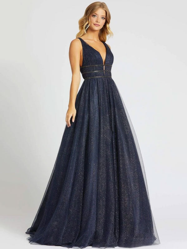 Dark Navy Princess V-Neck Sleeveless Sequin Tulle Party Dress