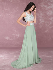 Light Green Chiffon Lace Applique Two-Piece Prom Dress