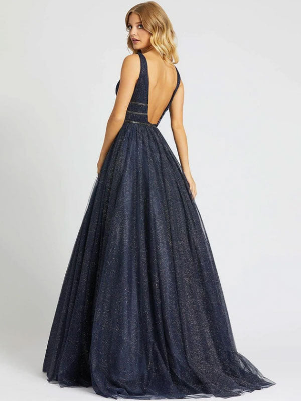 Dark Navy Princess V-Neck Sleeveless Sequin Tulle Party Dress