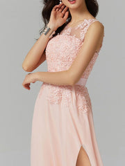 Pink Jewel Neck A-Line Sleeveless Split Front Bridesmaid Dress