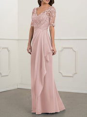 Pink Lace V-Neck Short Sleeves A-Line Bridesmaid Dress