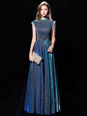 Steel Blue Jewel Neck Sequined Floor-Length Formal Bridesmaid Dress