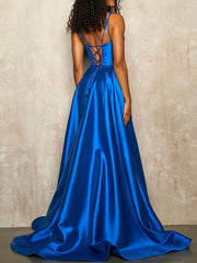 Royal Blue Satin Deep V-Neck Sleeveless Split Front Wedding Guest Dress