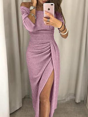 A-line Neck Sequin Slit Wrap Party Dress