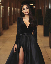 Satin Deep V-Neck Long Sleeves Floor Length Prom Party Dress