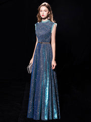 Steel Blue Jewel Neck Sequined Floor-Length Formal Bridesmaid Dress