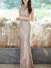 Champagne Jewel Neck Sleeveless Sequined Chain Pleated Mermaid Prom Dress