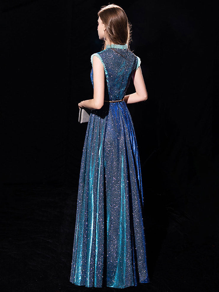 Steel Blue Jewel Neck Sequined Floor-Length Formal Bridesmaid Dress