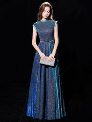 Steel Blue Jewel Neck Sequined Floor-Length Formal Bridesmaid Dress