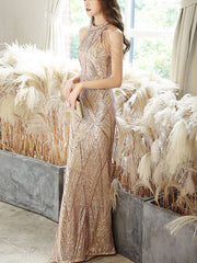 Champagne Jewel Neck Sleeveless Sequined Chain Pleated Mermaid Prom Dress