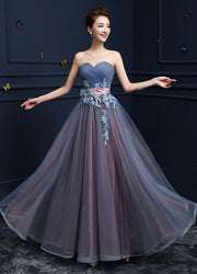 Steel Blue Applique Lace Up Strapless Tulle Floor Length Party Dress