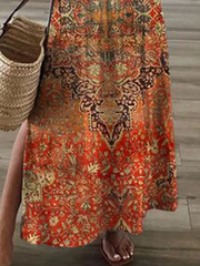 Orange Printed V Neck Short Sleeves Casual Dress