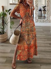 Orange Printed V Neck Short Sleeves Casual Dress