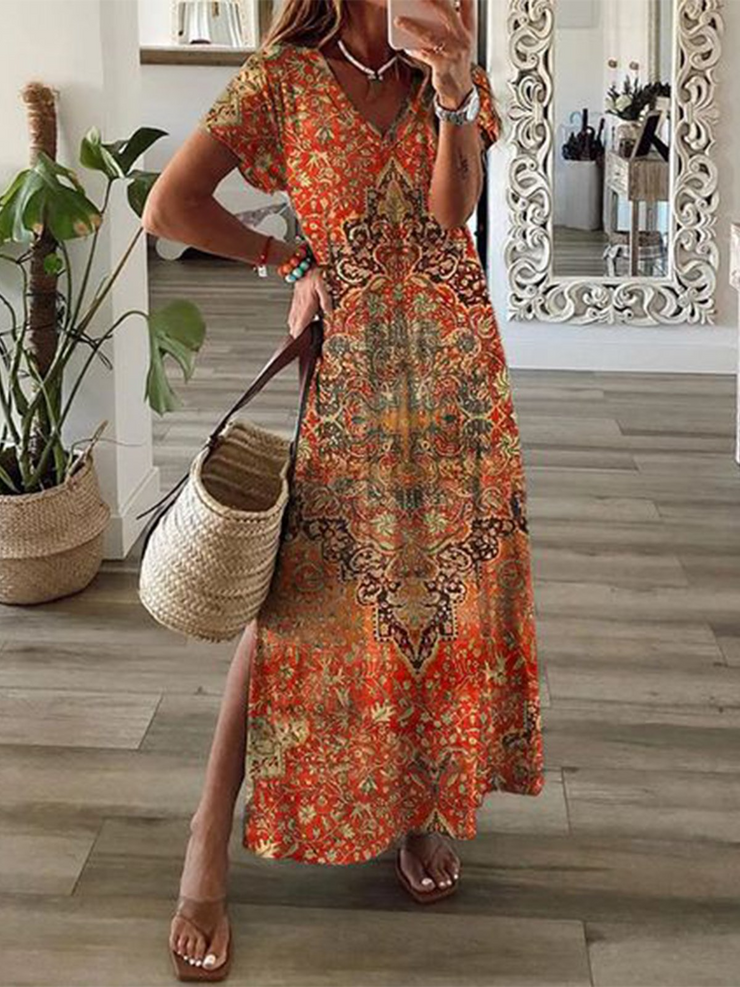 Orange Printed V Neck Short Sleeves Casual Dress