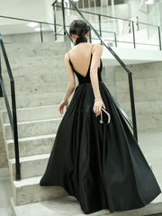 Black Satin V-Neck Spaghetti Straps Velour Floor-Length Bridesmaid Dress