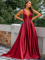 Red Satin V-Neck Backless Long Formal Bridesmaid Dress