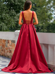 Red Satin V-Neck Backless Long Formal Bridesmaid Dress