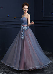 Steel Blue Applique Lace Up Strapless Tulle Floor Length Party Dress