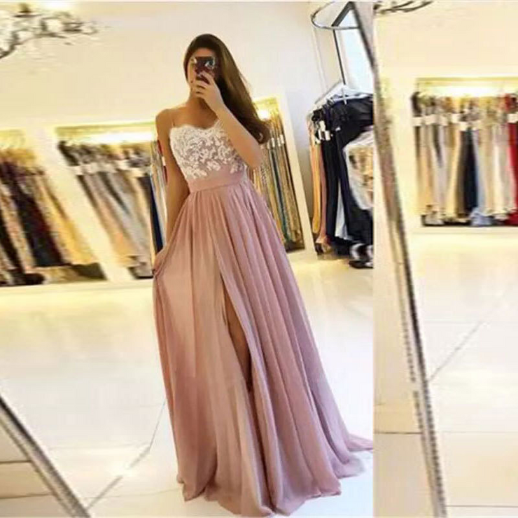 Pink Spaghetti Strap Sleeveless Long Slit Evening Dress