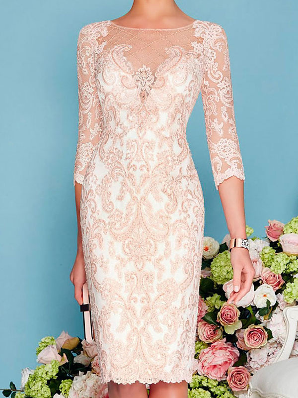 Bisque Lace Jewel Neck Long Sleeves Bridesmaid Dress