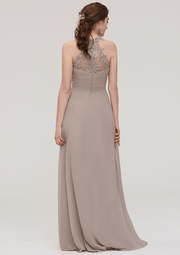 Prettyunik A-Line Wheat Sleeveless Floor-Length Bridesmaid Dress